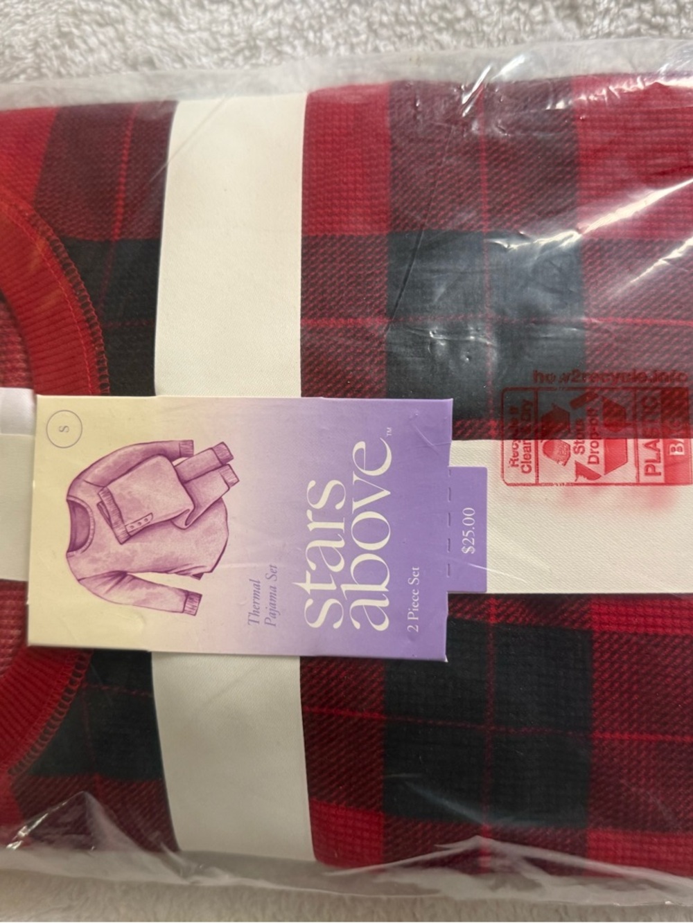 stars above Red and Black Buffalo Plaid Thermal Pajama Set